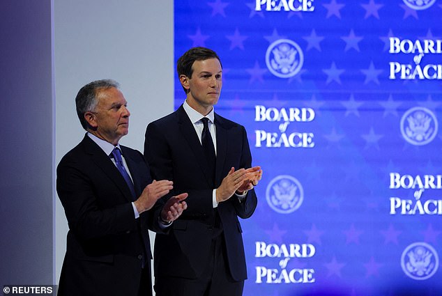 US envoys Steve Witkoff and Jared Kushner (left-right), pictured in Davos earlier today