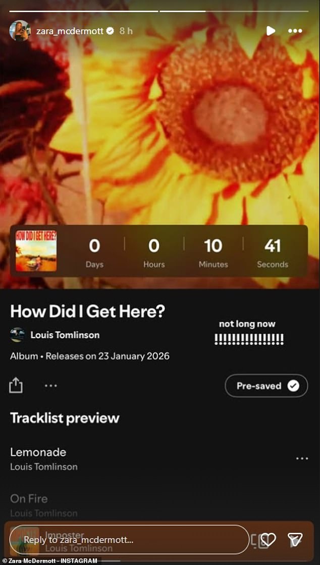 Taking to her Instagram Stories on Thursday evening, Zara shared a screenshot of the album on Spotify with a countdown till its release