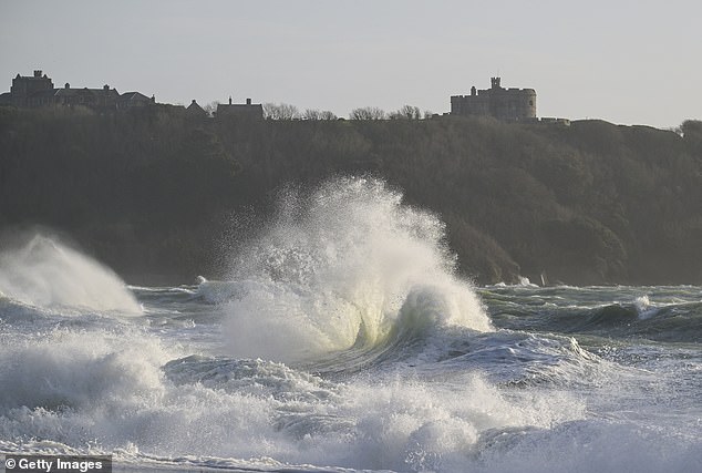 Large waves caused by Storm Ingrid strike Gyllyngvase Beach in Falmouth, Cornwall, today
