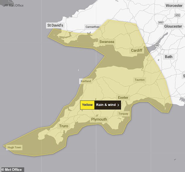 Yellow warning for South West England and South Wales from 2am today until 9am tomorrow