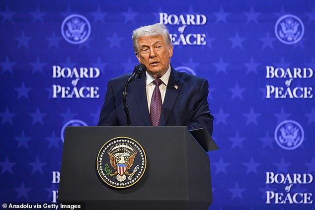 US President Donald Trump delivers a speech during the Board of Peace session held as part of the 56th World Economic Forum (WEF) in Davos, Switzerland, on January 22, 2026