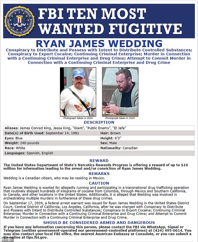A previous wanted poster for Wedding, with the FBI offering up to $10million for information