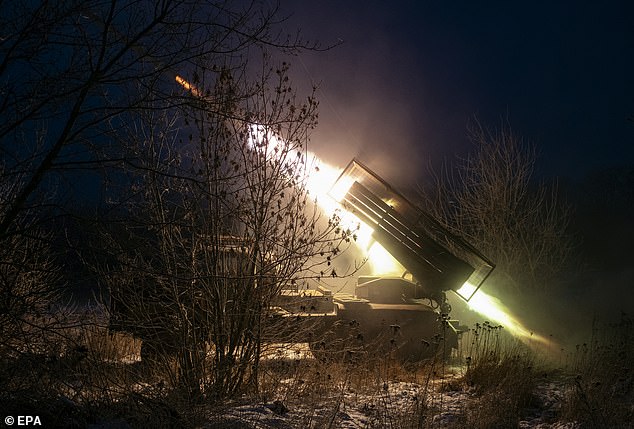 Ukrainian servicemen firing at Russian positions with a BM-21 'Grad' Soviet rocket launcher early in the morning at the Druzhkivka district of the Donetsk area, Ukraine, January 21 2026