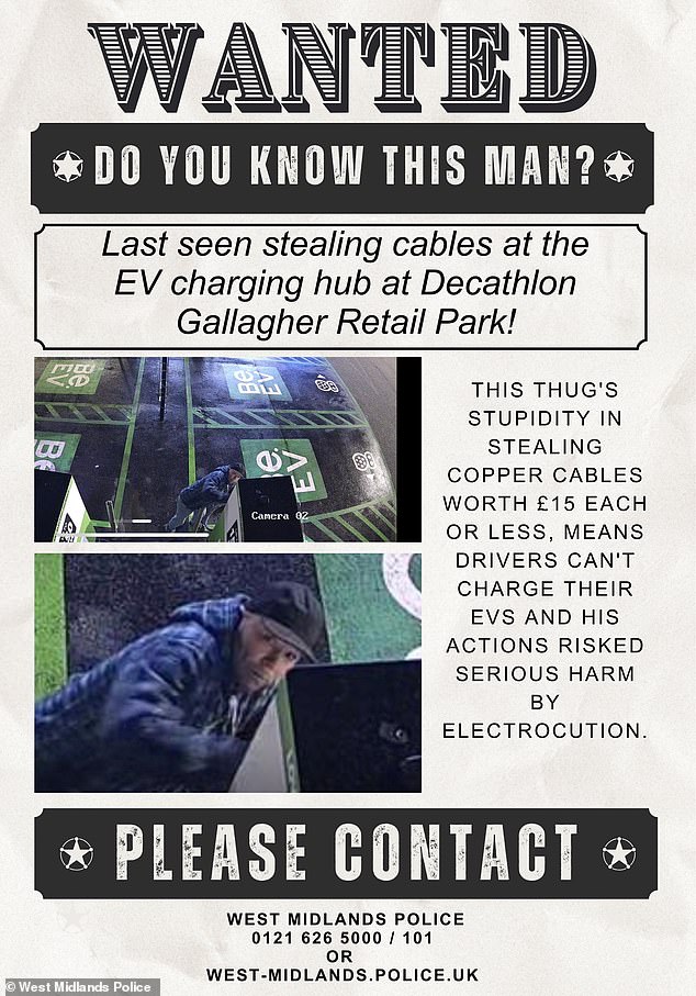 National electric vehicle charging network Be.EV put up 40-50 'Wanted' posters in the area in a bid to catch the thief