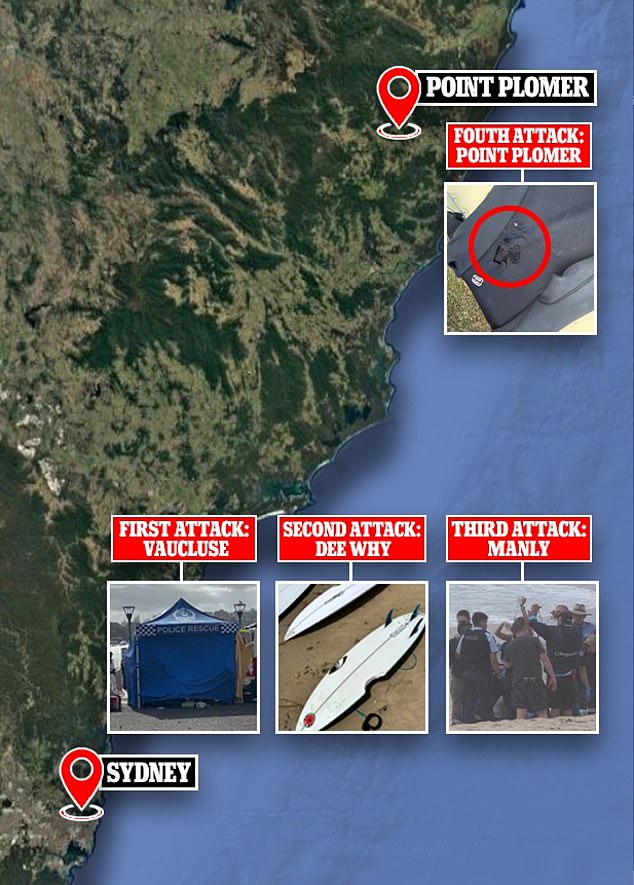 Pictured: A map of the shark attacks on the NSW coast between Sunday and Tuesday