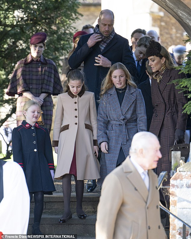In the short clip, William can be seen walking alongside Eugenie and Beatrice without looking in their direction as his attention remains fixed on the scarf, body language expert Judi James told the Daily Mail