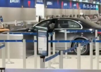 Driver ploughs into Detroit Metro Airport terminal as passengers at check-in watch in horror as cops haul motorist away
