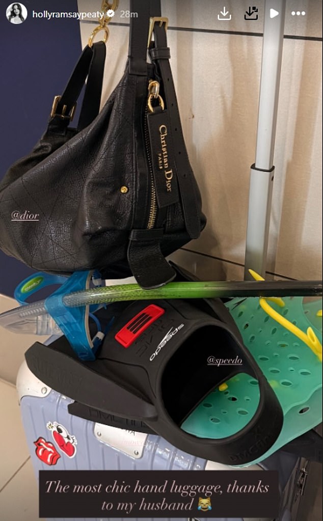 Before setting off Holly teased her followers with a picture Chritian Dior handbag and a snorkel mask and flippers - and wrote: 'the most chic hand luggage, thanks to my husband'