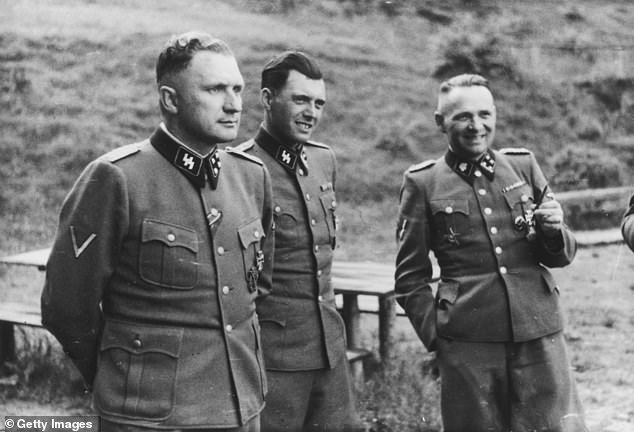 Auschwitz commandant Richard Baer, Josef Mengele and Rudolf Hoess, former commandant of the camp, in 1944