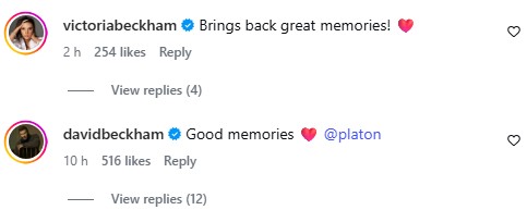 Instagram comments from Victoria Beckham and David Beckham, both mentioning "memories."
