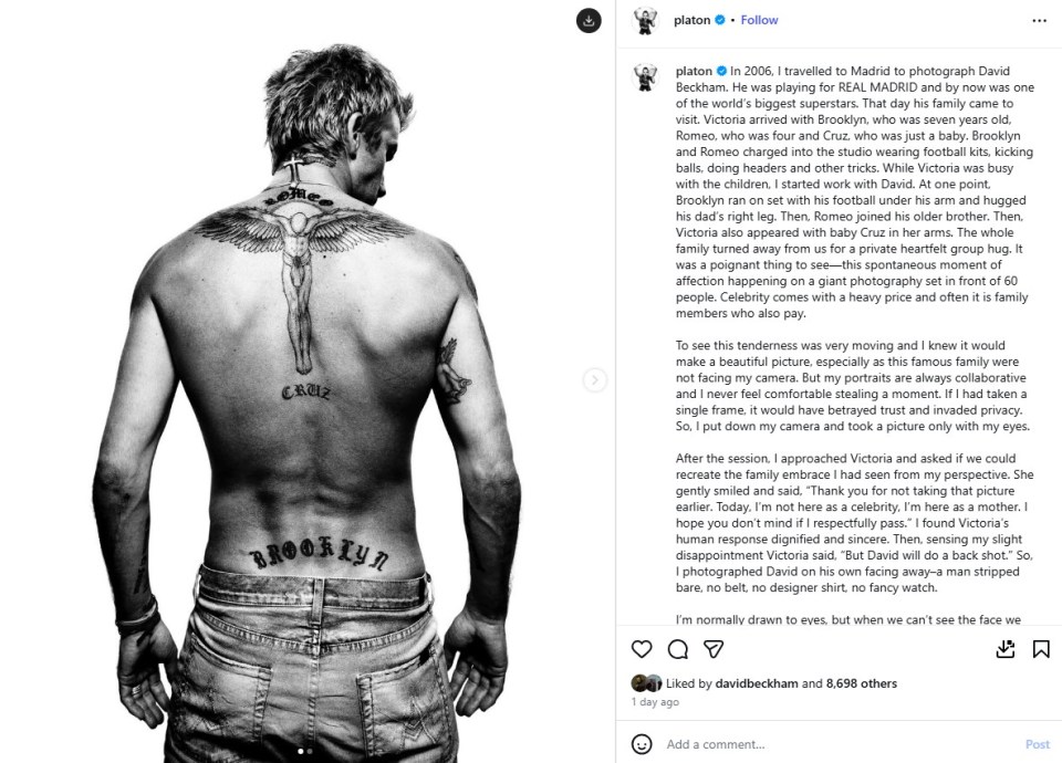 Black and white photo of David Beckham from behind, showcasing his "Cruz" and "Brooklyn" tattoos.