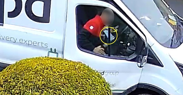 The delivery man jumps back in the van and drives off after staging the delivery