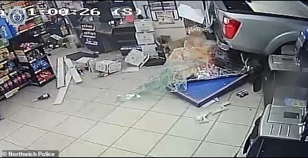 CCTV  captured the moment a stolen pickup truck was used in a ram raid at a Tesco Express store in Northwich, Cheshire. Driver Robin Vaughan stole more than £3,000 in cash as well as a bag of parcels