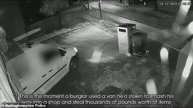 Palmer, 33, was caught on camera ramming into Bestwood Hill Food and Wine in Nottingham using a stolen vehicle in October 2023. He was seen stealing £8,000 worth cigarettes and booze