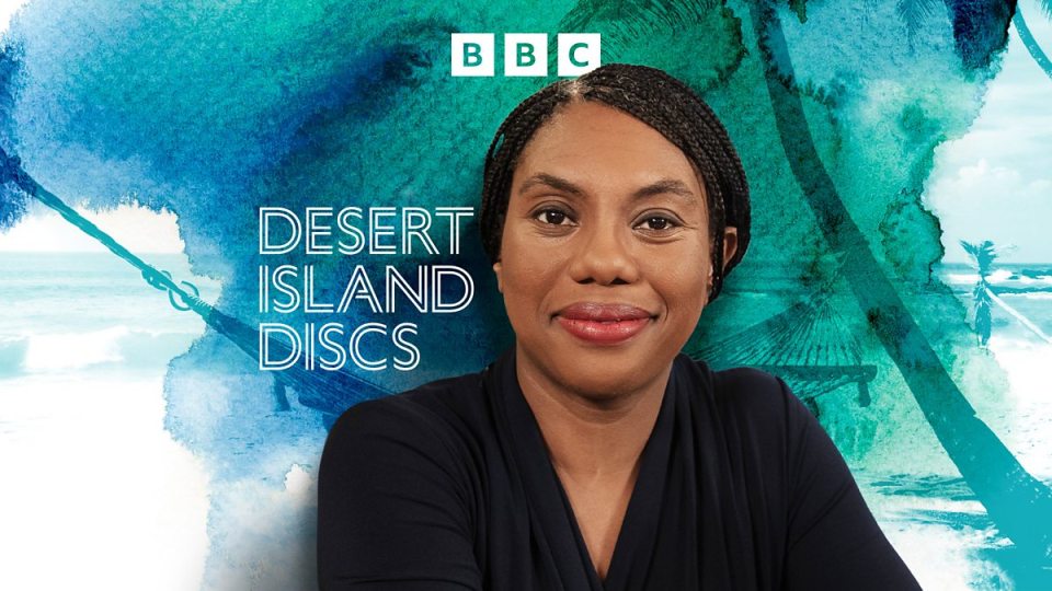 Kemi Badenoch, a Black woman with braided hair, smiles slightly against a watercolor-style background featuring a tropical beach scene and the BBC Desert Island Discs logo.