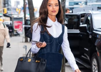 Maura Higgins stuns in denim mini dress and white heels as she steps out in New York City