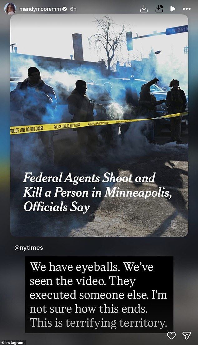 Moore took to her Instagram stories not long after the incident and reposted a New York Times article that had the headline: 'Federal Agents Shoot And Kill A Person In Minneapolis, Officials Say'