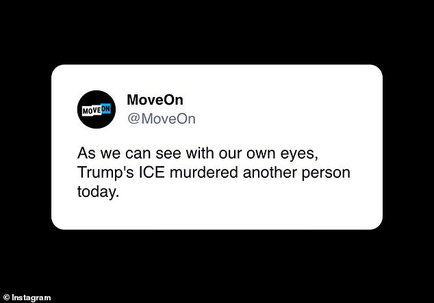 Phillips additionally included a post from @MoveOn which shared: 'As we can see with our own eyes, Trump's ICE murdered another person today'