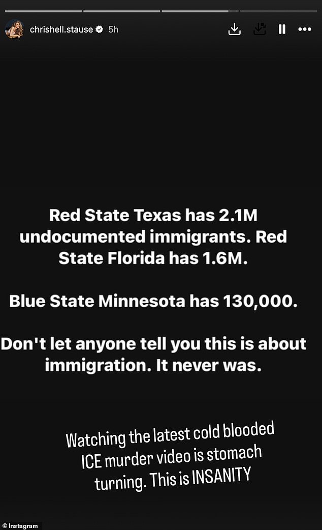 Stause then added her own message at the bottom and said, 'Watching the latest cold blooded ICE murder video is stomach turning. This is INSANITY'