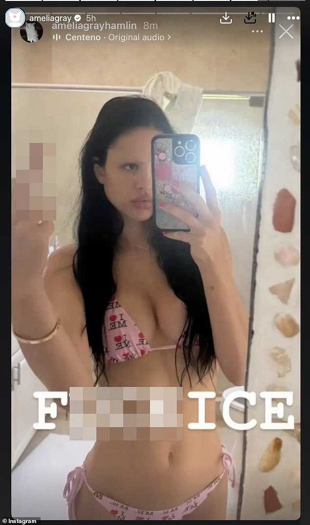 Amelia Gray Hamlin shared a mirror selfie while posing in a bikini and simply added 'F*** ICE' over the image. The model also pointed her middle finger up in the reflection of the mirror