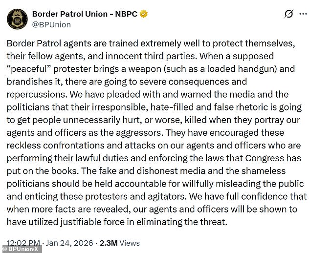 The Border Patrol Union appeared to put forward their own justification as to how events unfolded without hours of the shooting taking place