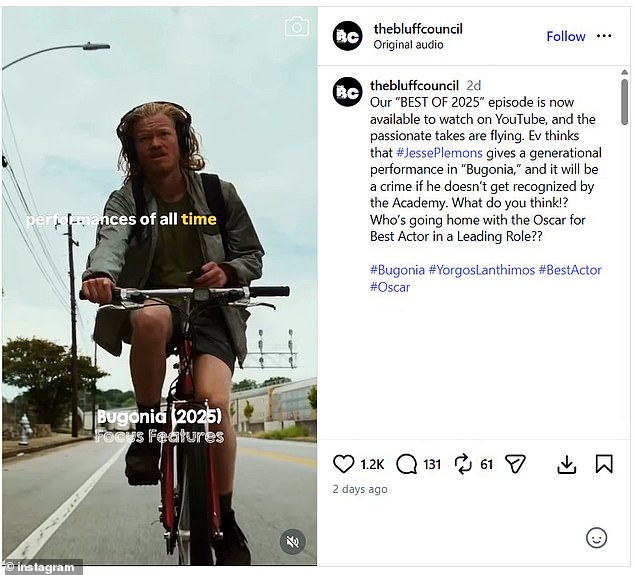 Dunst also recycled a clip from Ev Durán¿s Bluff Council Podcast that featured the host lauding Plemons for his 'transcendent performance' in the sci-fi dark comedy thriller