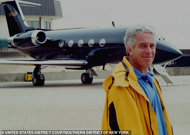 The Mail on Sunday can reveal the wife of the Earl of Iveagh flew on Jeffrey Epstein's Lolita Express 40 times in four years. Pictured: Epstein standing in front his Gulfstream G2B