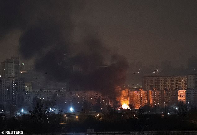 Fire and smoke rise in the city after Russian drone and missile strikes, amid Russia's attack on Ukraine, in Kyiv, Ukraine January 24, 2026