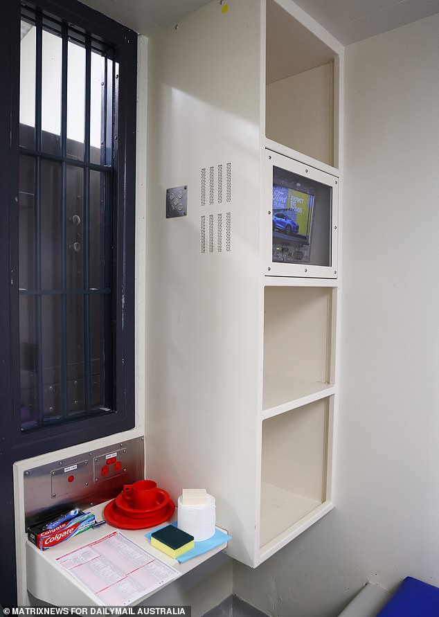 A tiny television sits behind perspex on a shelf (above).  Inmates are locked in their cells up to 18 hours a day