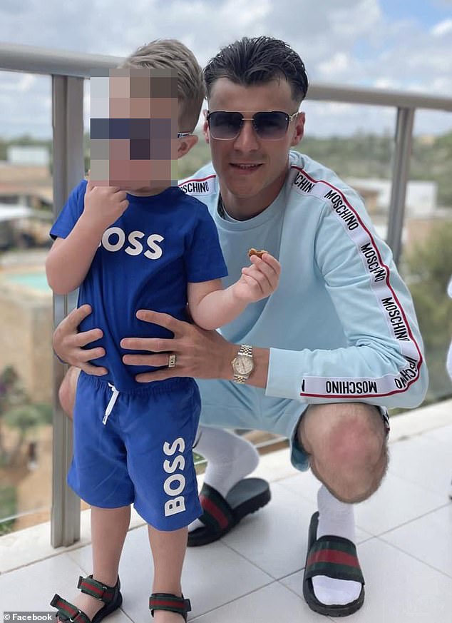 Blue Stevens with his son. He was stabbed outside the £1,650-a-night 5-star Park Tower Hotel and Casino, which is directly across the road from the Harvey Nichols department store in central London, on July 9