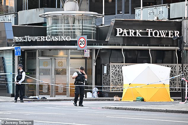 The murder scene outside the Park Tower Casino in London's Knightsbridge in July last year