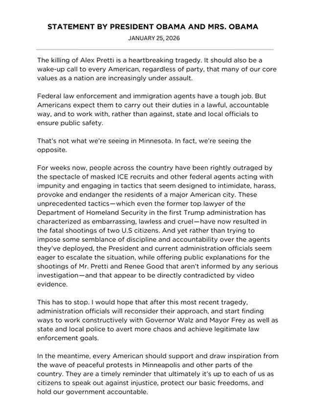 'The killing of Alex Pretti is a heartbreaking tragedy,' the former president wrote on X in the wake of the horror on Sunday, before placing the blame squarely on the shoulders of ICE and Border Patrol agents, along with Trump administration officials who have defended them