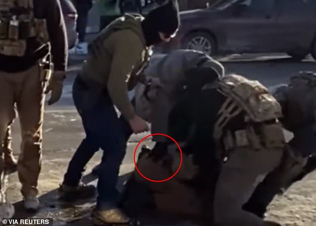 One agent wearing a gray jacket and pink baseball cap reaches into the back of Pretti¿s waistband in an apparent attempt to reach his firearm