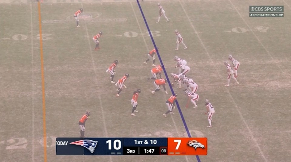 A screenshot of an American football game between the New England Patriots and the Denver Broncos, with the Patriots leading 10-7 in the third quarter.