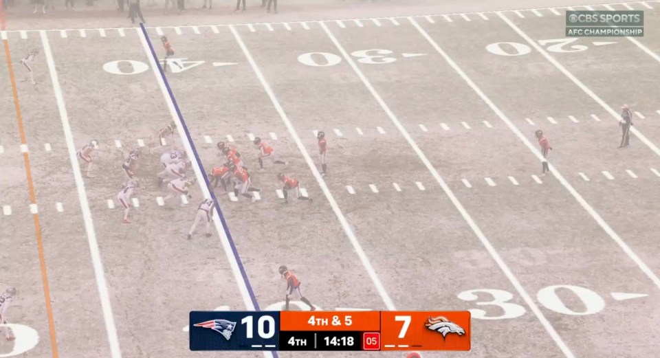 American football game showing the New England Patriots against the Denver Broncos, with the Patriots leading 10-7.