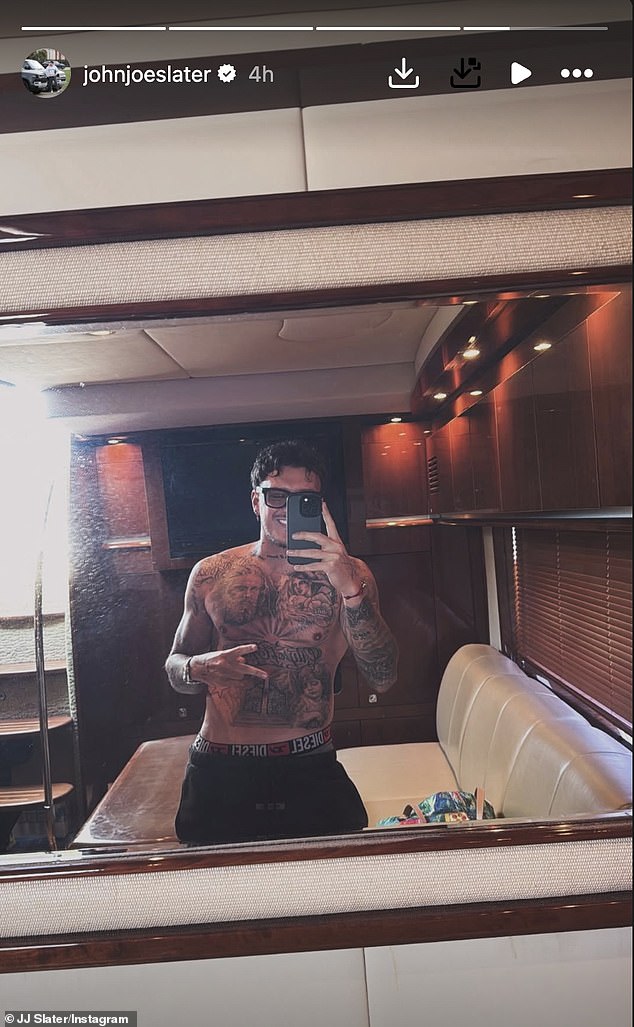 JJ, 32, also took to his Instagram on Sunday to show his reaction to his ex getting hitched so soon after their break-up, posing for a shirtless mirror selfie onboard a boat in Florida, while flashing a wide grin and peace sign