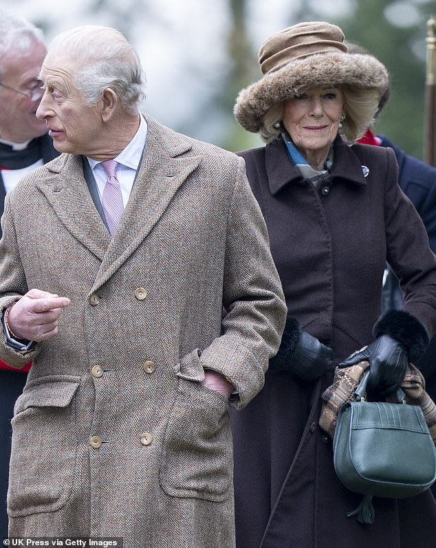 The 77-year-old monarch and Camilla were driven in the Royal Claret motor for the Sunday Church service in Sandringham this morning