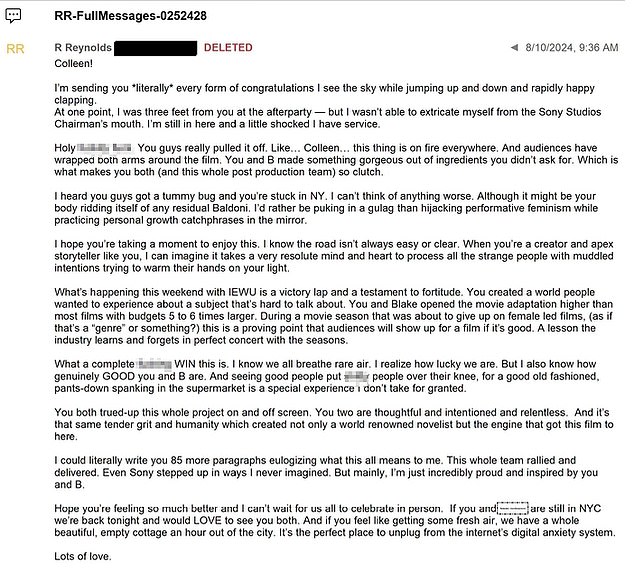 Reynolds allegedly sent the email to Hoover just one day after the film's August 10, 2024, premiere, boasting about it being a 'complete f*****g WIN' while seemingly mocking Baldoni