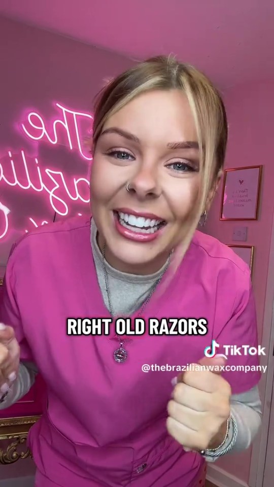 A woman in a pink scrub top gestures, with text "RIGHT OLD RAZORS" on the screen.