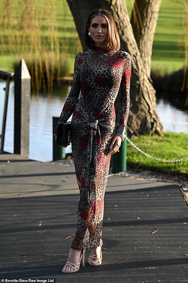 Also stepping out for the joyous occasion was Amy Childs, who showcased her wild side in a figure-hugging leopard-print dress