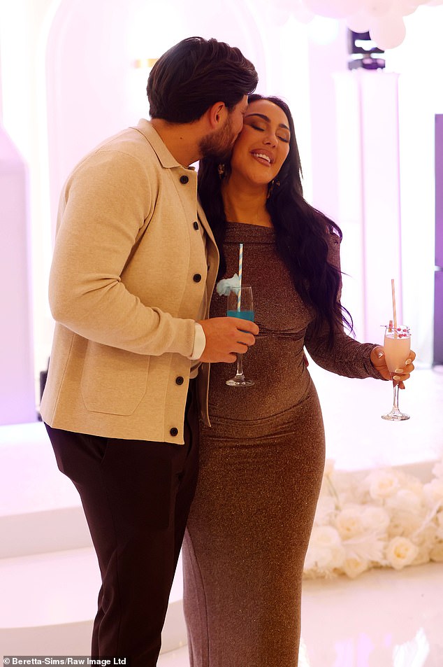 After the gender reveal outside, guests headed indoors to a stunning room filled with white balloons and roses, where they continued celebrating the happy news