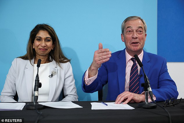 Britain's Reform UK leader Nigel Farage speaks during a press conference with former British Home Secretary Ms Braverman