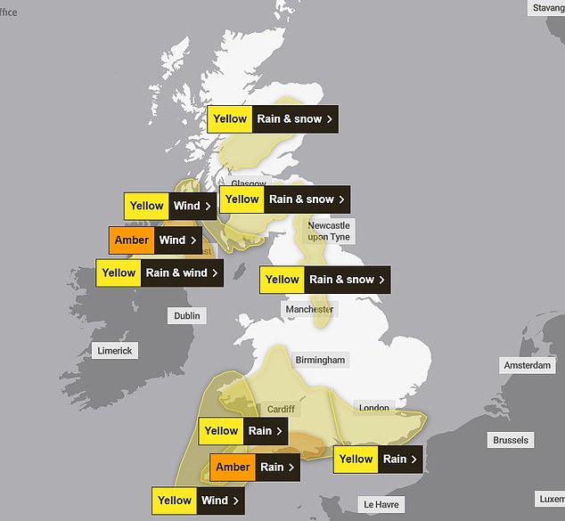 The Met Office has issued ten yellow or amber warnings in southwest England, Scotland, Wales and Northern Ireland