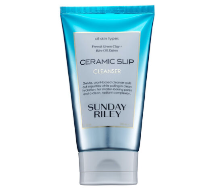 Sunday Riley Ceramic Slip cleanser in a blue tube.