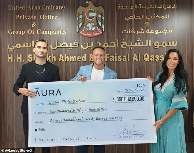 In May last year, Lee posted an AI photograph of him with a giant cheque for $150million which he appeared to be handing to Sheikh Ahmed bin Faisal Al Qassimi to invest in sustainable energy