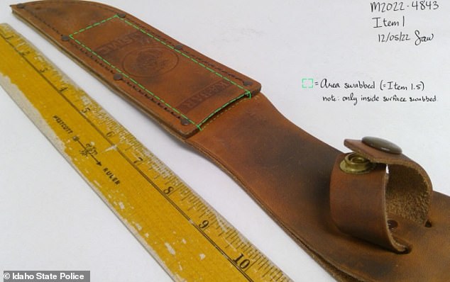 Kohberger left this brown leather Ka-Bar knife sheath behind at the scene of the murders at 1122 King Road in Moscow, Idaho