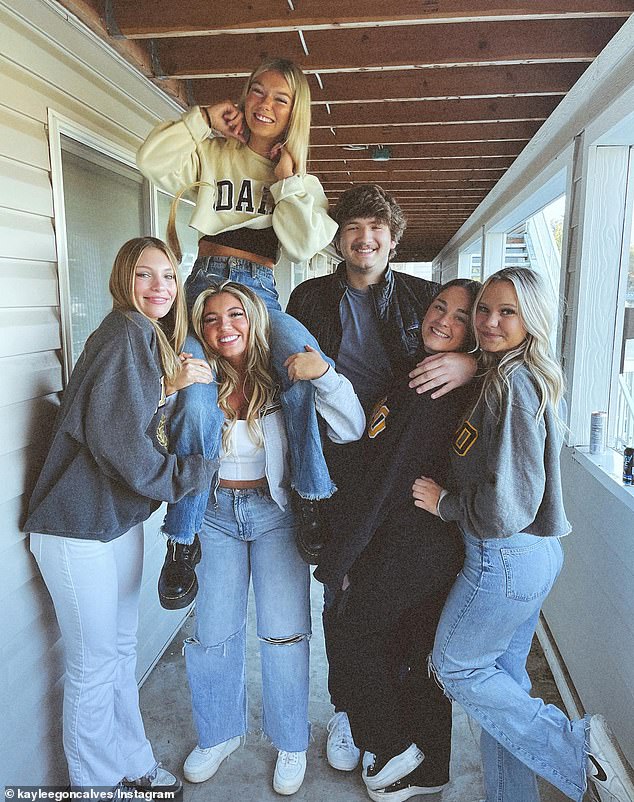 Left to right: Dylan Mortensen, Kaylee Goncalves, Madison Mogen (on Kaylee's shoulders) Ethan Chapin, Xana Kernodle and Bethany Funke