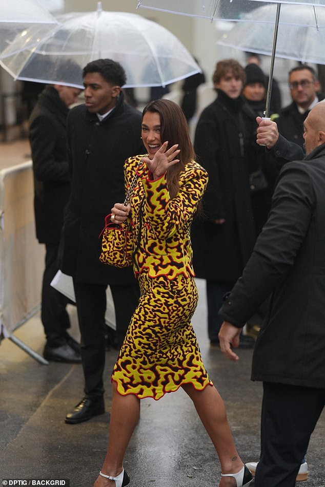 She was shielded from the rain with a large umbrella