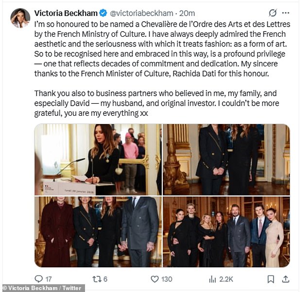 In her post on X, Victoria thanked the French Minister of Culture, Rachida Dati, for the accolade before turning her attention to her husband