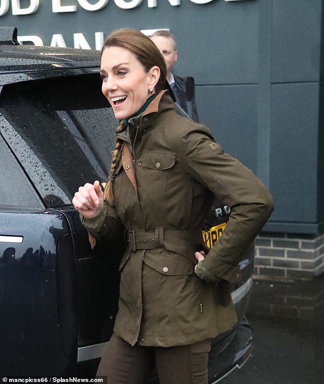 Kate cut a sporty figure as she swapped her tweed blazer for a waterproof, olive-coloured utlity jacket from Dubarry, as Storm Chandra brought thunder and lightning to the UK